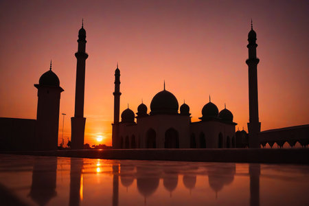 A stunning silhouette of Faith Mosque against an orange sunset, capturing serenity and spirituality.の素材