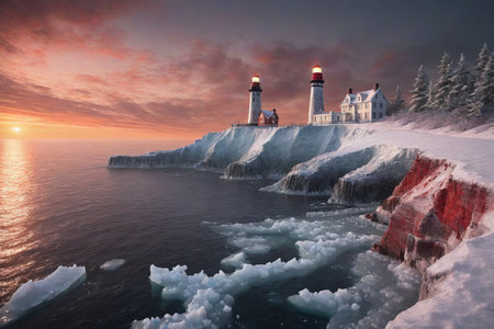 Enchanting winter seascape at sunset, with a lighthouse on an icy cliff emitting warm guidance light.の素材