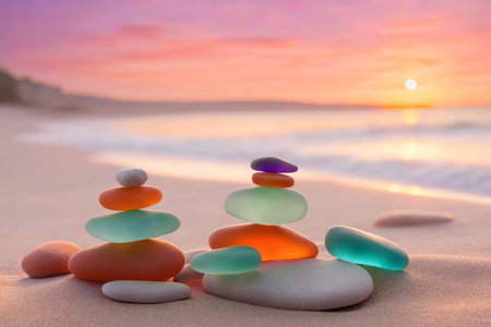Stack of glowing sea glass stones on a beach at sunset, colors from white to deep orange.の素材