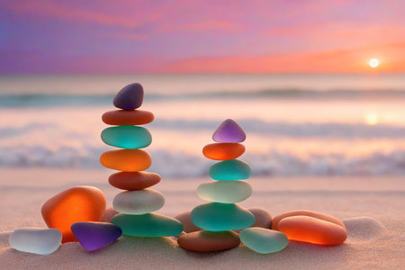 Stack of glowing sea glass stones on a beach at sunset, colors from white to deep orange. Ai generatedの素材