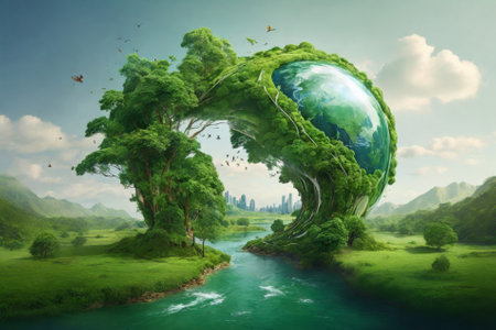 A painting depicting a green planet with a river cutting through the landscape. The vibrant green hues symbolize a thriving and ecologically diverse environment.の素材