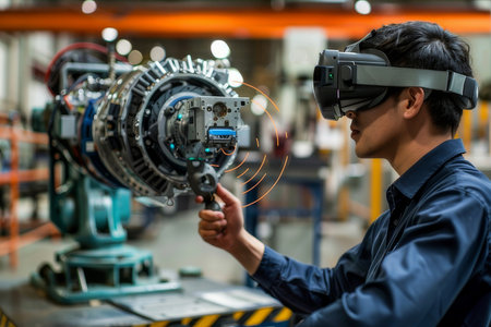 Engineer uses augmented reality glasses to work on AI-powered robotic arm, merging AI with manufacturing.の素材
