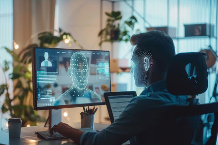 An AI system in HR office analyzes resumes and conducts virtual interviews, transforming recruitment.の素材