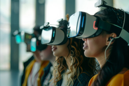 Diverse people with VR headsets in an AI-generated virtual world, exploring entertainment applications.の素材
