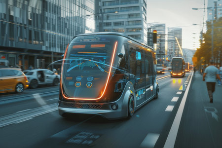 Autonomous vehicles offer efficient, safe services in an AI-operated public transport system.の素材