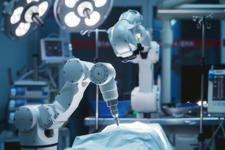A medical robot performs surgery with unmatched precision, showcasing AI's transformative role in healthcare.の素材