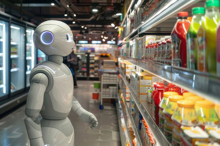 AI-powered robots restock shelves and assist customers, showing AI's impact on retail efficiency.の素材