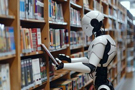 An AI librarian assists visitors in finding resources, showcasing AI's role in enhancing public services.の素材
