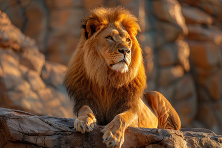 Regal lion basks in golden sunlight on rocky outcrop, symbolizing strength and majesty in the wild.の素材