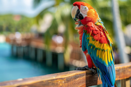 Colorful macaw sits on wooden railing against vibrant tropical backdrop.の素材