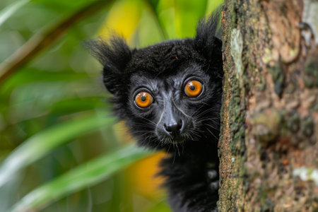Curious lemur peers from lush jungle, capturing exotic animal's playful nature.の素材