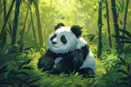 Panda lounges in bamboo forest, symbolizing peace and tranquility in nature's embrace.の素材