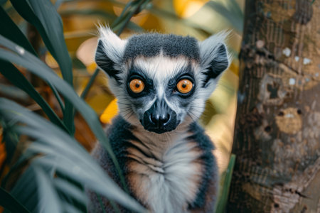 Curious lemur peers from lush jungle, capturing exotic animal's playful nature.の素材