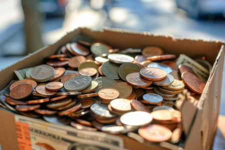 Donation box brimming with cash and coins, highlighting importance of giving back and financial aid.の素材