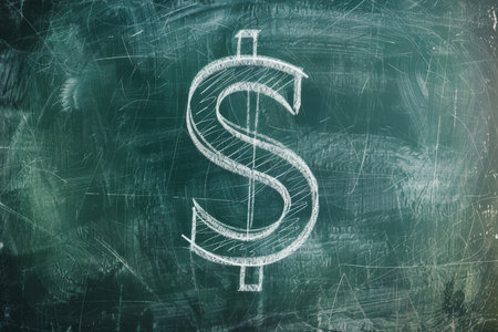 Chalkboard with drawn equation leading to dollar sign, symbolizing formula for financial success.の素材