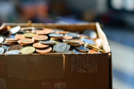 Donation box brimming with cash and coins, highlighting importance of giving back and financial aid.の素材
