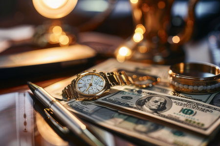 A luxury watch and a stack of cash on an upscale desk, symbolizing the correlation between time and money.の素材