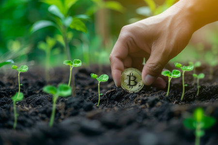 Hand plants Bitcoin symbol in soil, digital trees grow around, illustrating cryptocurrency investment growth potential.の素材