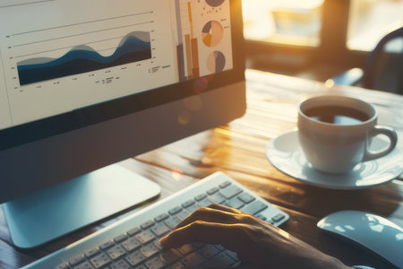 Analyzing performance graphs on computer with coffee, symbolizing dedication and analysis.の素材