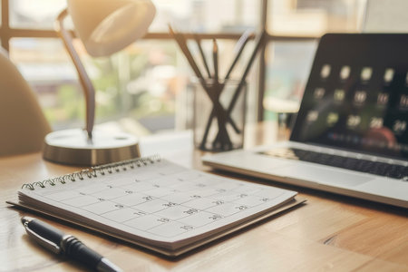Desk calendar with circled dates and goal checklist showing organization and time management.の素材