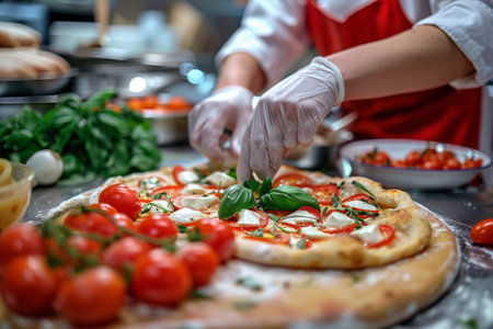 Chef prepares pizza with fresh ingredients in open kitchen, emphasizing freshness and culinary skill.の素材