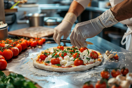 Chef prepares pizza with fresh ingredients in open kitchen, emphasizing freshness and culinary skill.の素材