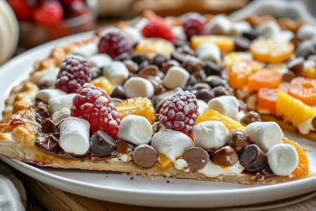 Close-up slice of dessert pizza with chocolate, fruits, marshmallows, showing pizza's versatility.の素材