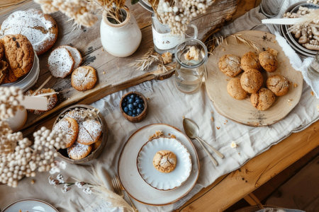 A rustic table setting features a variety of gluten-free baked goods, appealing to those with dietary restrictions while maintaining a cozy, homemade aesthetic.の素材