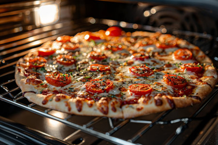 Frozen pizza placed into oven, symbolizing convenience and popularity of ready-made meals.の素材