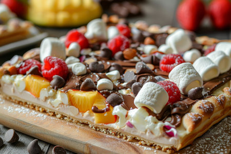 Close-up slice of dessert pizza with chocolate, fruits, marshmallows, showing pizza's versatility.の素材