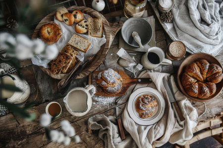 A rustic table setting features a variety of gluten-free baked goods, appealing to those with dietary restrictions while maintaining a cozy, homemade aesthetic.の素材