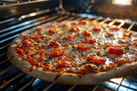 Frozen pizza placed into oven, symbolizing convenience and popularity of ready-made meals.の素材