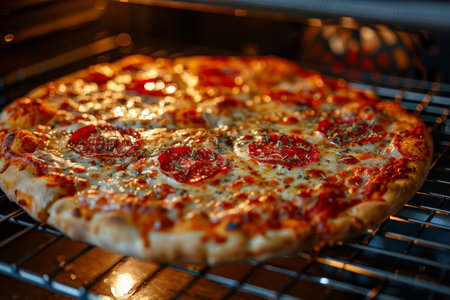 Frozen pizza placed into oven, symbolizing convenience and popularity of ready-made meals.の素材