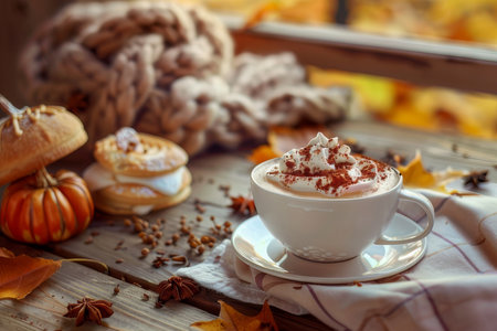 A cozy autumn scene featuring a pumpkin spice latte and seasonal pastries, evoking warmth and the delightful flavors of the season.の素材