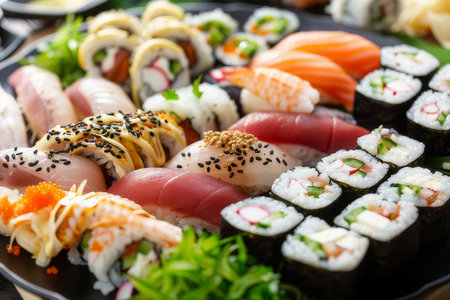 A Japanese sushi platter showcases artful presentation and fresh ingredients, appealing to lovers of authentic cuisine.の素材