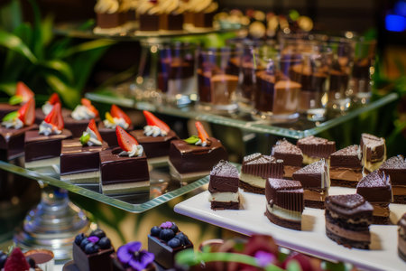 An indulgent dessert display showcases a variety of chocolate creations, appealing to those with a sweet tooth and a penchant for luxury.の素材