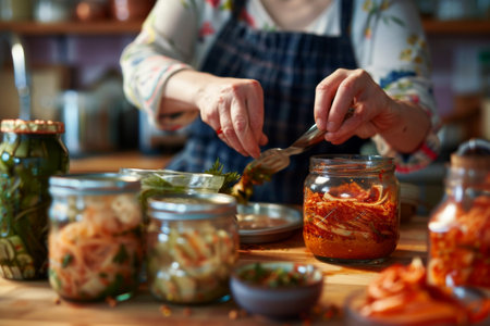 A hands-on cooking scene depicts someone preparing fermented foods like kimchi or kombucha, showcasing the process and health benefits of fermentation.の素材