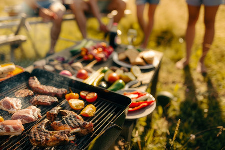 A vibrant scene of a summer barbecue with friends, showcasing grilled meats and vegetables, emphasizing social gatherings around food.の素材