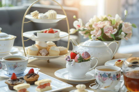 An elegant setup featuring a variety of teas and delicate pastries, appealing to those who enjoy the ritual and sophistication of tea time.の素材