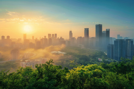 A bustling cityscape transitioning from industrial pollution to a green, sustainable environment, showing the contrast between smog and clear skies.の素材