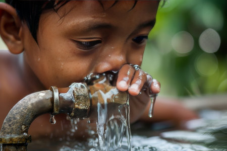 A child drinking clean water from a tap, symbolizing the importance of sustainable water management in the green revolution.の素材