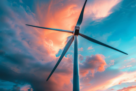 A wind turbine against a stunning sunset, embodying the elegance of renewable energy.の素材