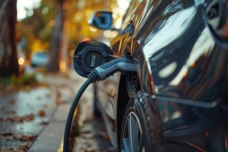 Close-up of EV charging port, showing electric mobility technology.の素材