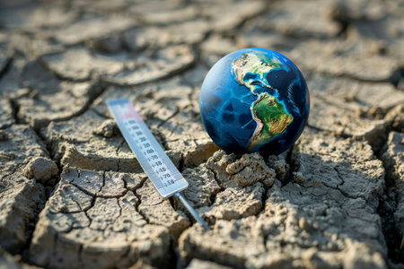 Conceptual image of Earth cracking like a dry desert, with a thermometer bursting through the cracks, illustrating the planet's fever.の素材