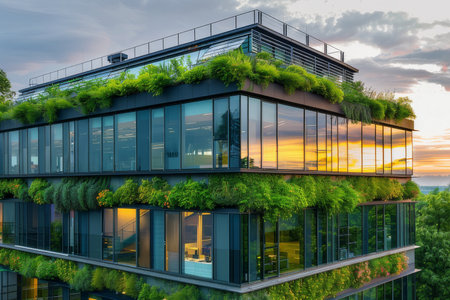 Modern office with green roof and solar panels, highlighting sustainable architecture.の素材