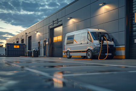 A delivery van being charged at a dedicated commercial vehicle charging hub, illustrating the expansion of electric vehicles into different sectors.の素材