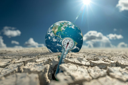 Conceptual image of Earth cracking like a dry desert, with a thermometer bursting through the cracks, illustrating the planet's fever.の素材