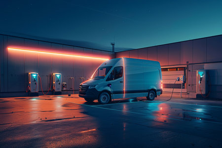 A delivery van being charged at a dedicated commercial vehicle charging hub, illustrating the expansion of electric vehicles into different sectors.の素材