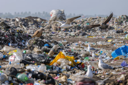 A landfill site overflowing with garbage, with birds and animals scavenging, illustrating the problem of waste management and land pollution.の素材