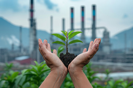 Hands holding sprouting plant against backdrop of smokestacks symbolize hope for greener future.の素材